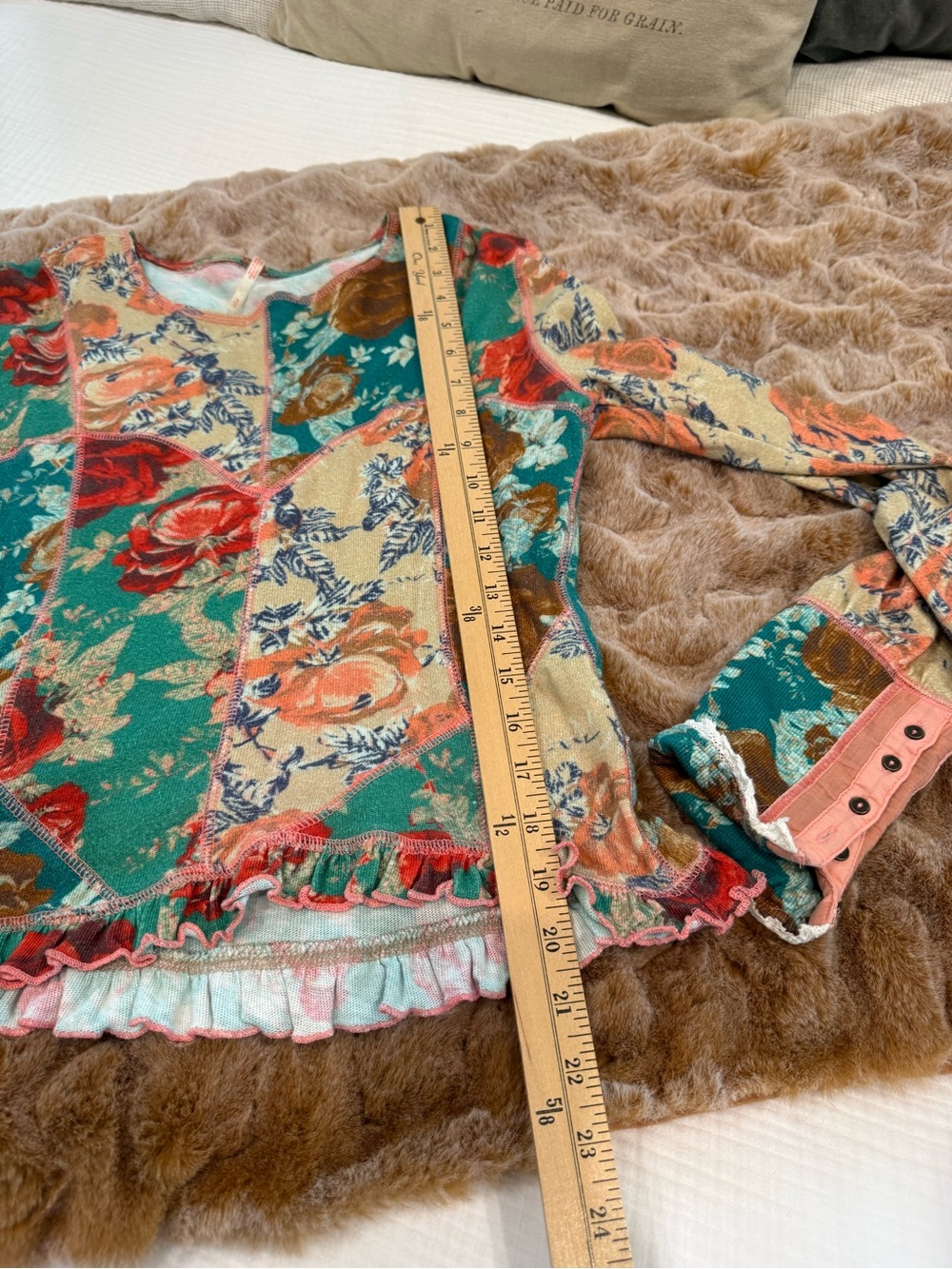 Free People Teal & Coral Floral Patchwork Long Sleeve Top